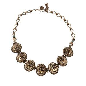 Vintage Designer Gold Tone Coin Necklace With Angel Motif Turquoise Accents